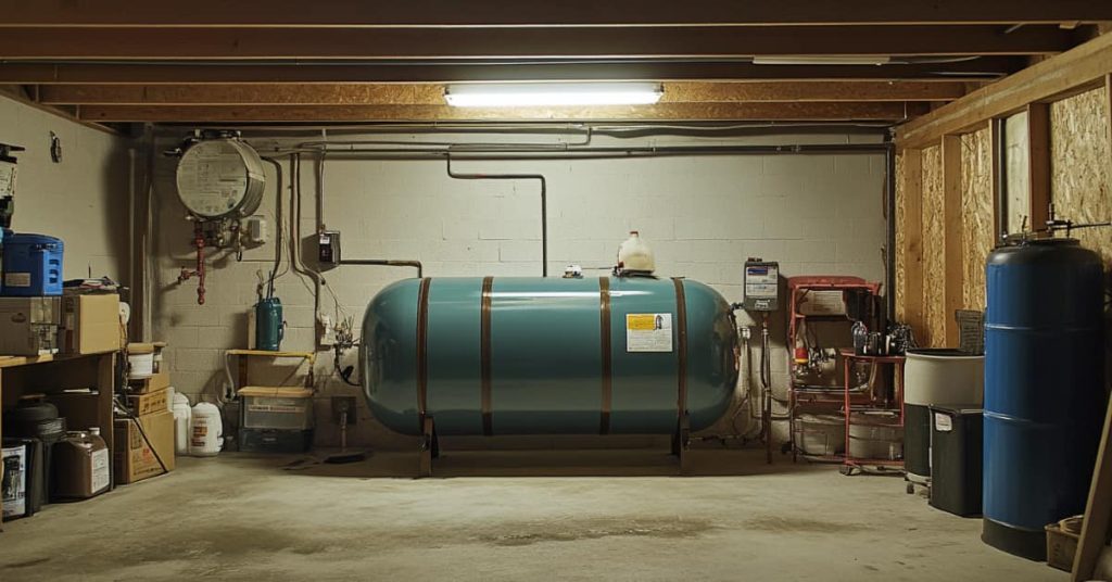 an oil tanks in garage, concept of Dangers of Letting Your Heating Oil Tank Run Low