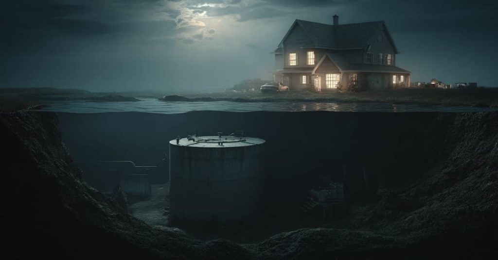 dreary image of oil tank underground and home in the distance, concept of the hidden risks of oil tank leaks