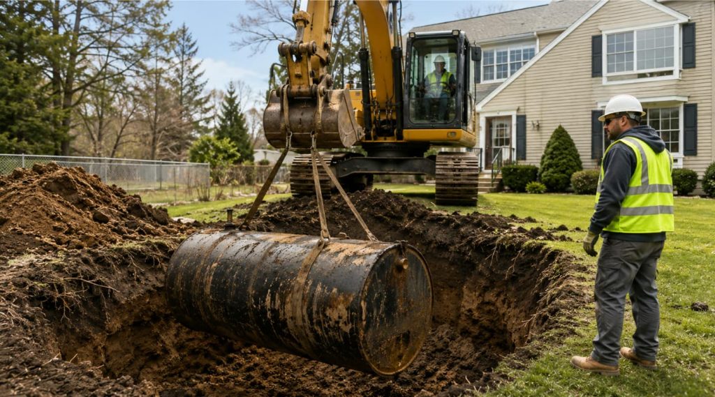 removing inground oil tank behind house, representing NJ oil tank removal laws 2026