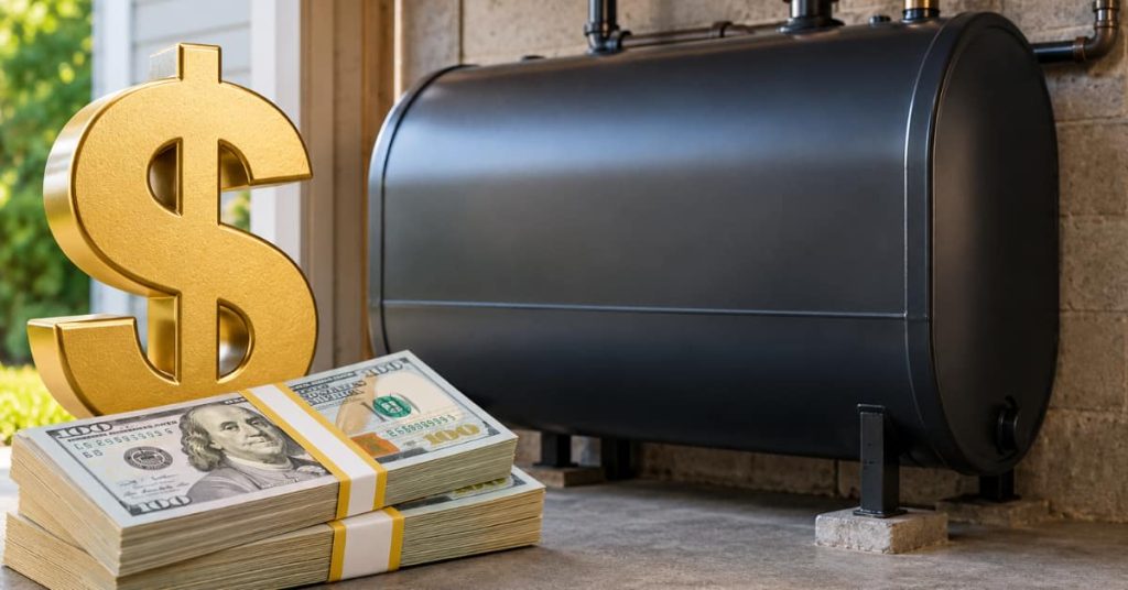 US dollar sign with US dollars alongside oil tank, representing new residential oil tank cost in NJ