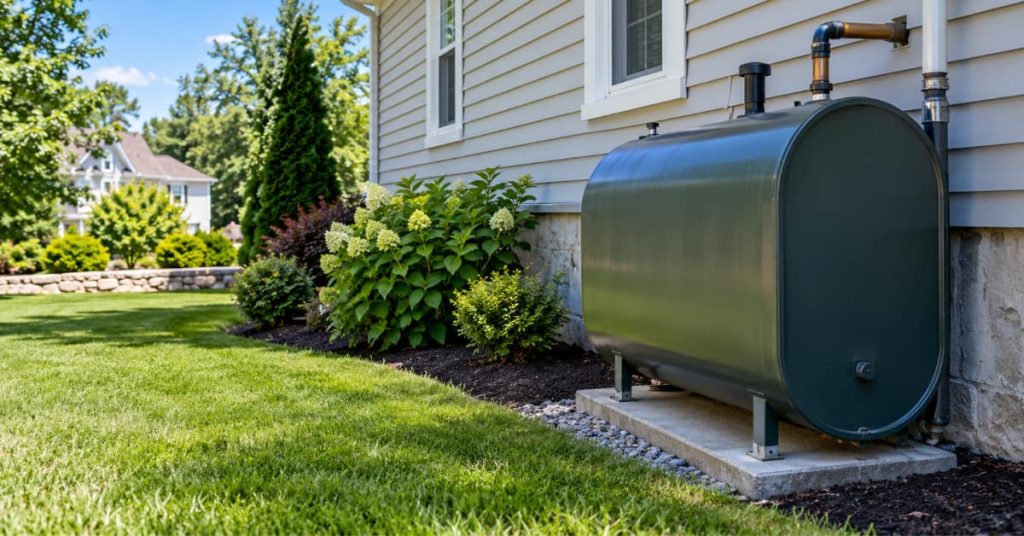 oil tank alongside house, representing How Far Away From a House Should an Oil Tank Be
